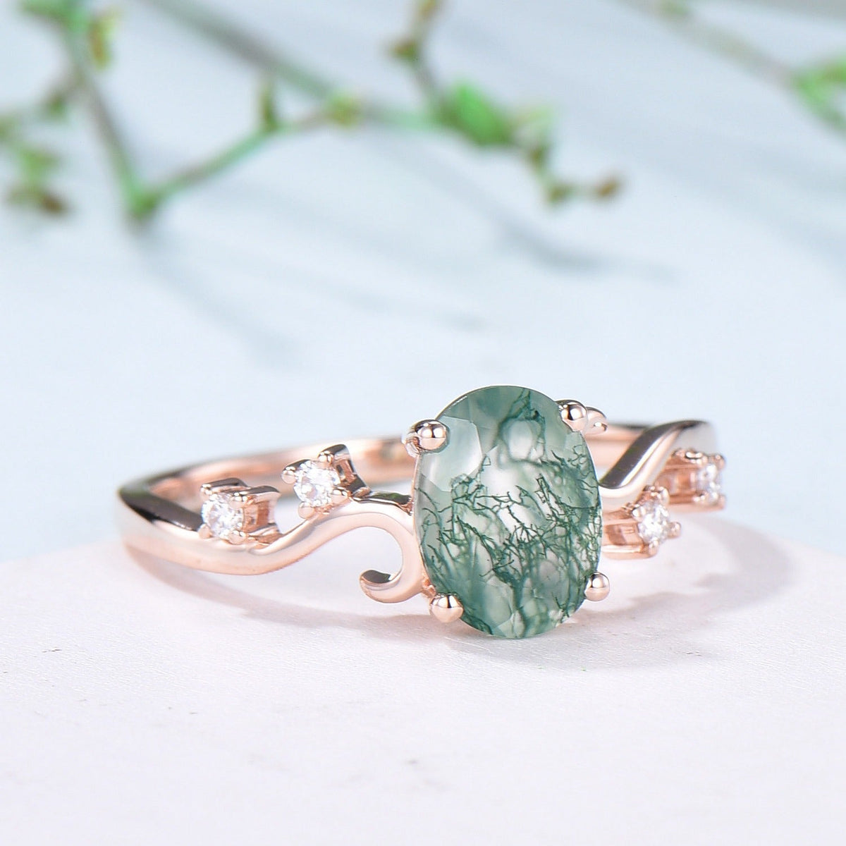 1.5CT Oval Natural Moss Agate Twist Engagement Ring Art Deco Silver Rose Gold Wedding Ring Garden Jewelry Mom's birthstone anniversary gift