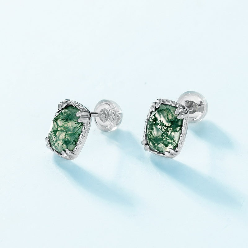 Vintage 5x7mm Cushion Cut Moss Agate Stud Rope Earrings