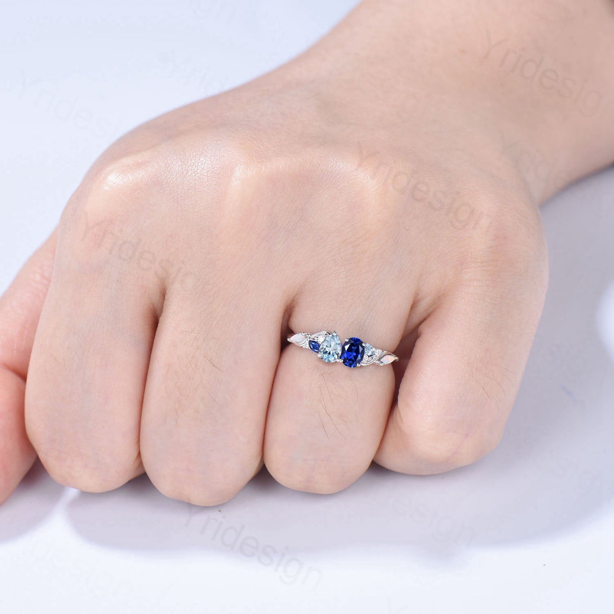 Toi et Moi Blue Sapphire & Aquamarine Engagement Ring | Pear and Oval Cut