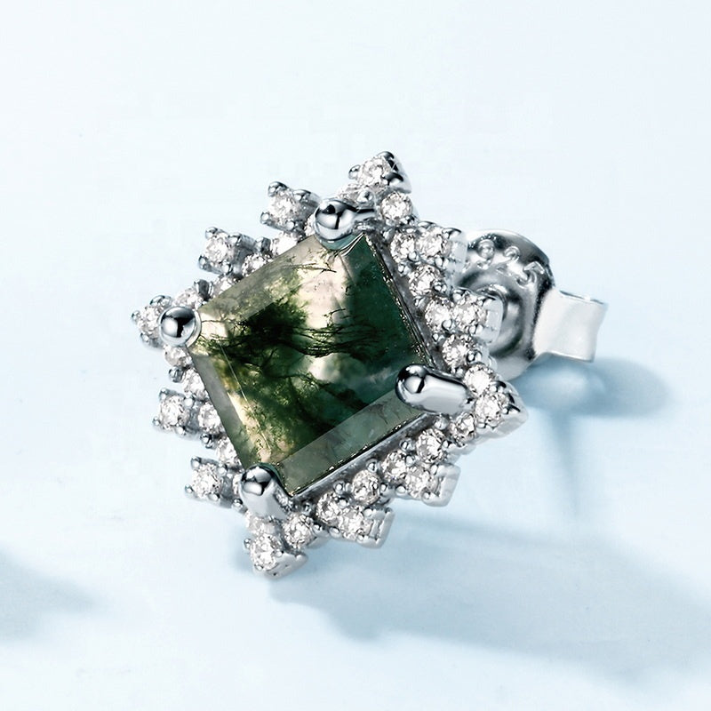 Snowflake Princess Cut Moss Agate Stud Earrings