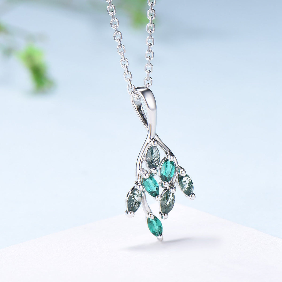 Vintage Moss Agate Necklace Unique Marquise Green Agate Leaf Style Pendant Dainty Branch Guard Emerald Pendant Unique Anniversary gift women