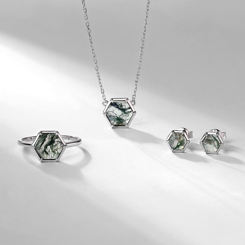8mm Hexagon Cut Natural Bezel Moss Agate Necklace