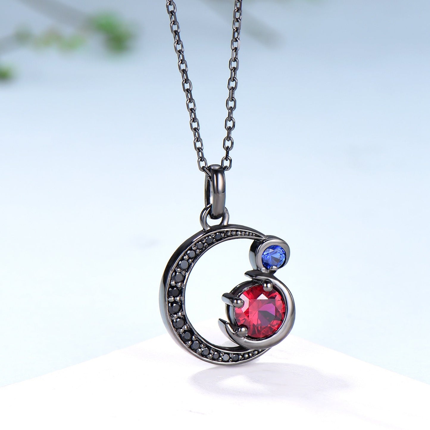 Unique Black Gold Ruby Necklace Magic Crescent Moon Ruby Sapphire Pendant Necklace Magic Crescent Moon Gothic Anniversary Gift for Daughter