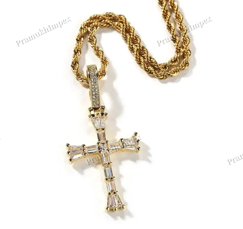 Handmade Baguette Moissanite 925 Silver Yellow Gold Plated Cross Pendant