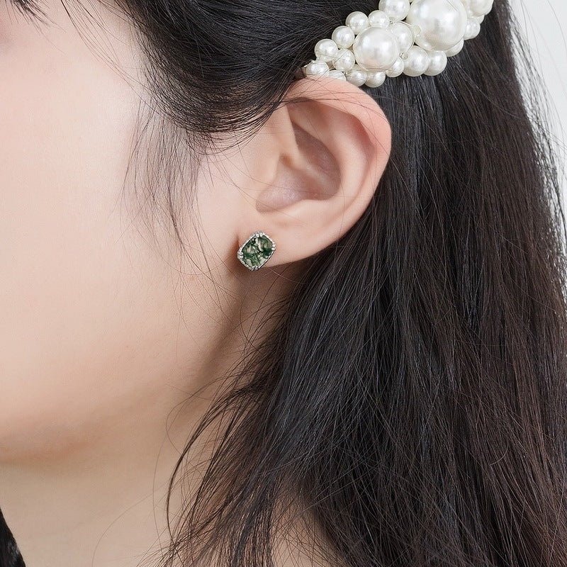 Vintage 5x7mm Cushion Cut Moss Agate Stud Rope Earrings