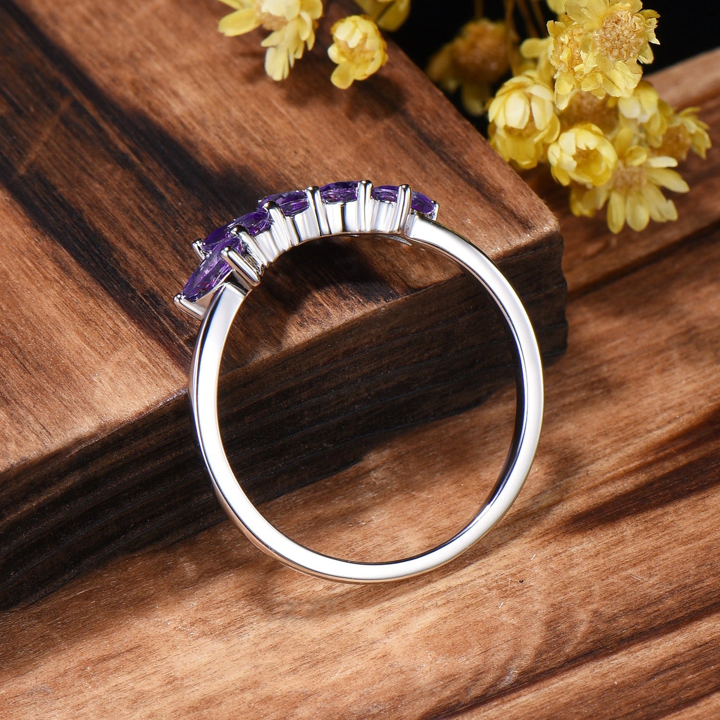 Vintage Amethyst Five Stone Curved Wedding Band, 14K Rose Gold Stacking Ring