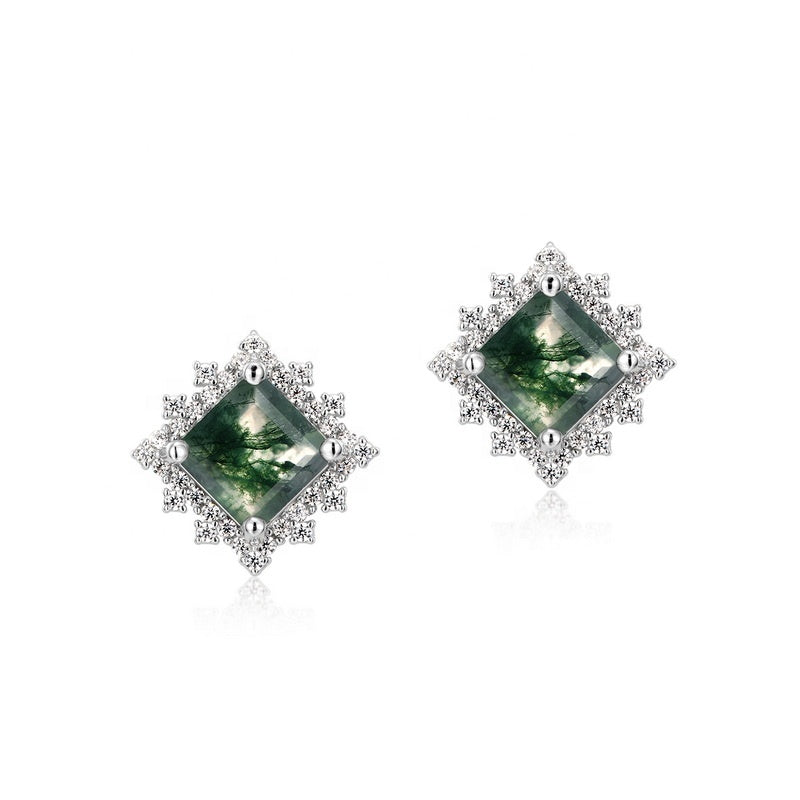Snowflake Princess Cut Moss Agate Stud Earrings