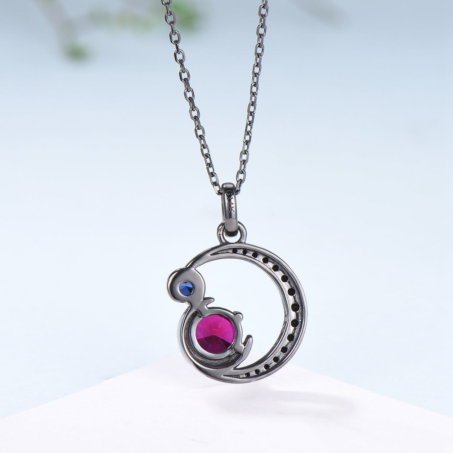 Unique Black Gold Ruby Necklace Magic Crescent Moon Ruby Sapphire Pendant Necklace Magic Crescent Moon Gothic Anniversary Gift for Daughter