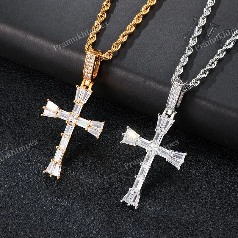 Handmade Baguette Moissanite 925 Silver Yellow Gold Plated Cross Pendant