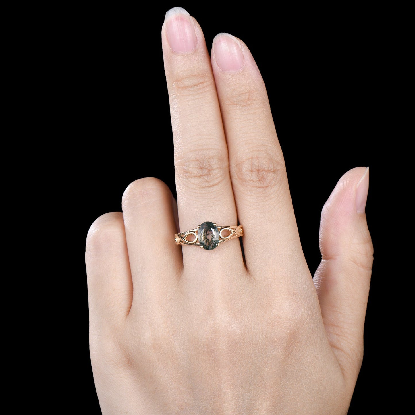 Noese Viking Moss Agate Engagement Ring, Infinite Love Solitaire, Yellow Gold