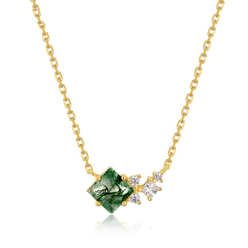 Princess-Cut Moss Agate Necklace - Dainty Geometric Cluster Jewelry for Her