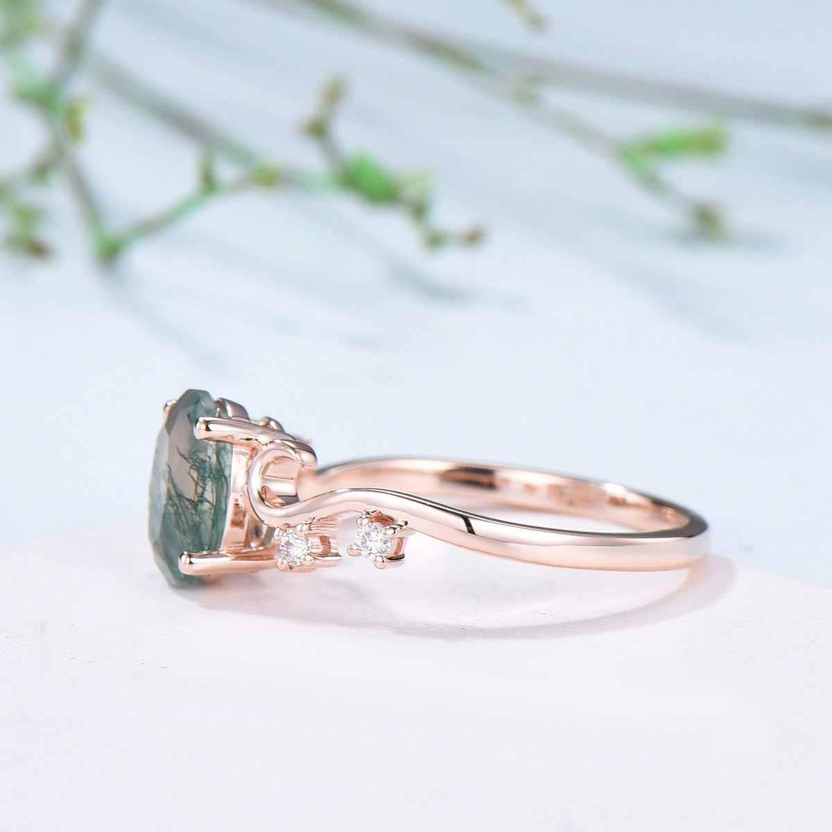 1.5CT Oval Natural Moss Agate Twist Engagement Ring Art Deco Silver Rose Gold Wedding Ring Garden Jewelry Mom's birthstone anniversary gift