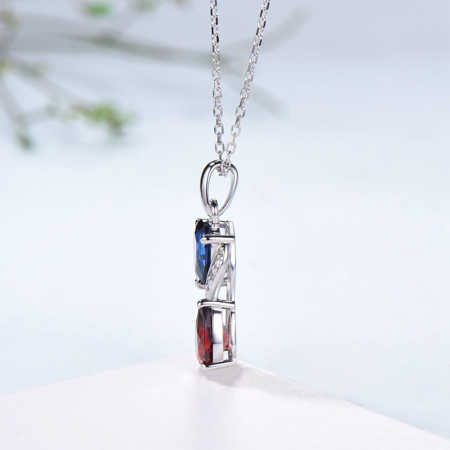 Sapphire Garnet Snake Pendant Necklace, Moissanite Diamond Accent, 14K White Gold