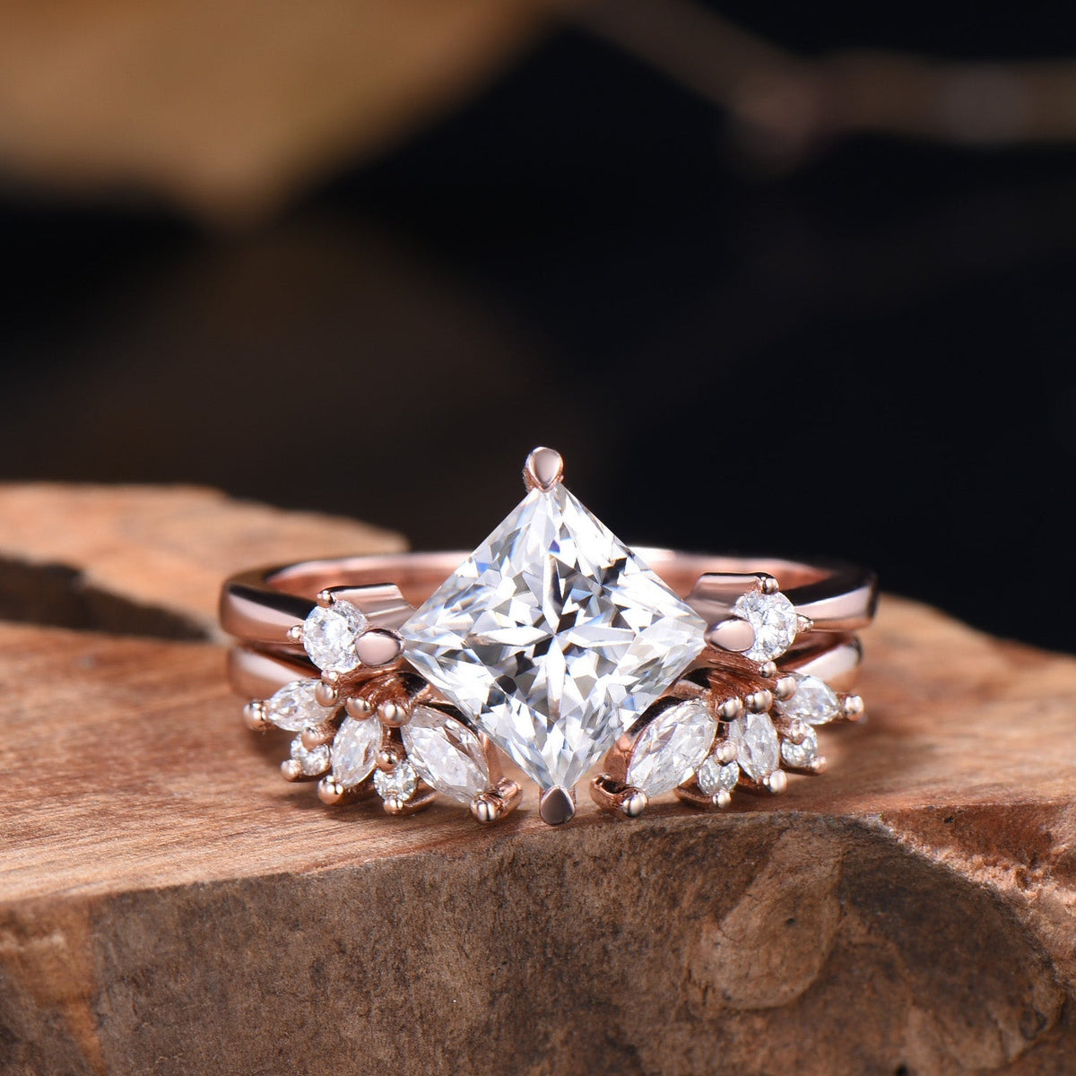2CT Princess Shaped Moissanite Three Stone Engagement Ring Diamond Cluster Open Gaps Stacking Band Rose Gold Wedding Bridal Set Women Gifts