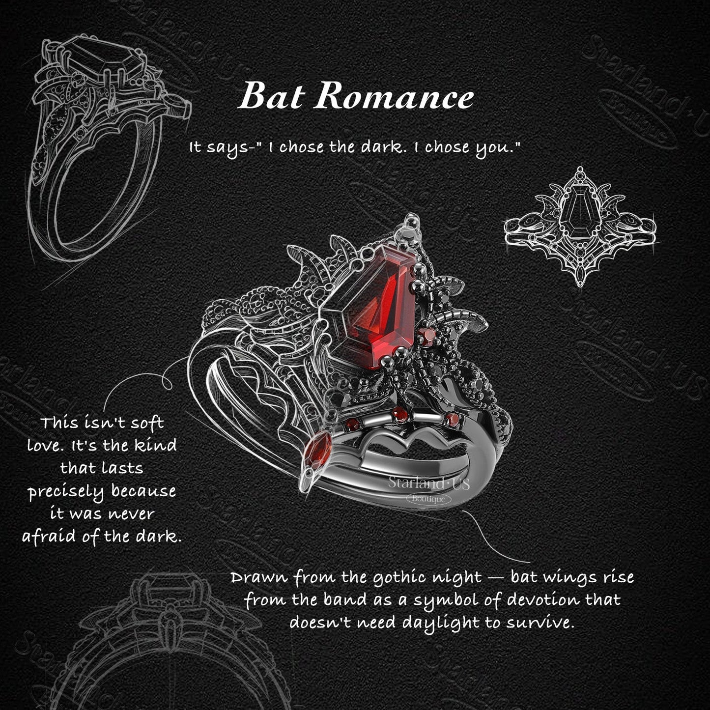 'Bat Romance' - Gothic Coffin Cut Amethyst Milgrain Engagement Ring Set in Black Gold