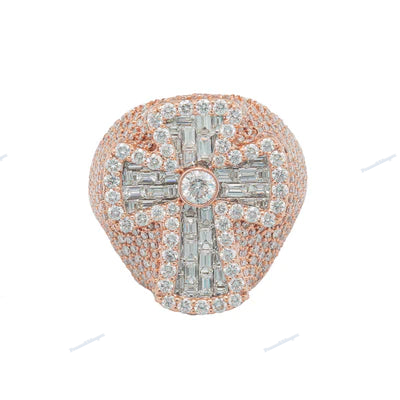 Fully Iced Out Rose Gold Moissanite Silver Cross Design Ring