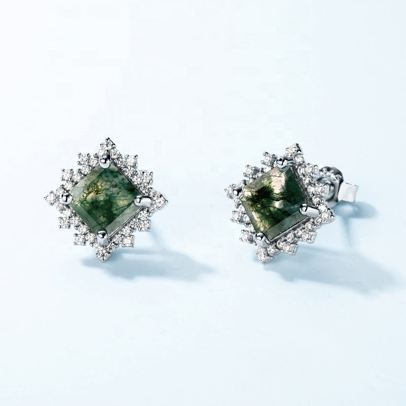 Snowflake Princess Cut Moss Agate Stud Earrings
