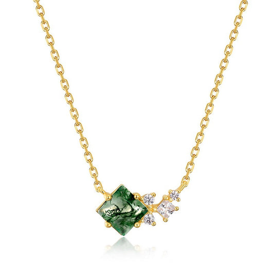 Princess-Cut Moss Agate Necklace - Dainty Geometric Cluster Jewelry for Her