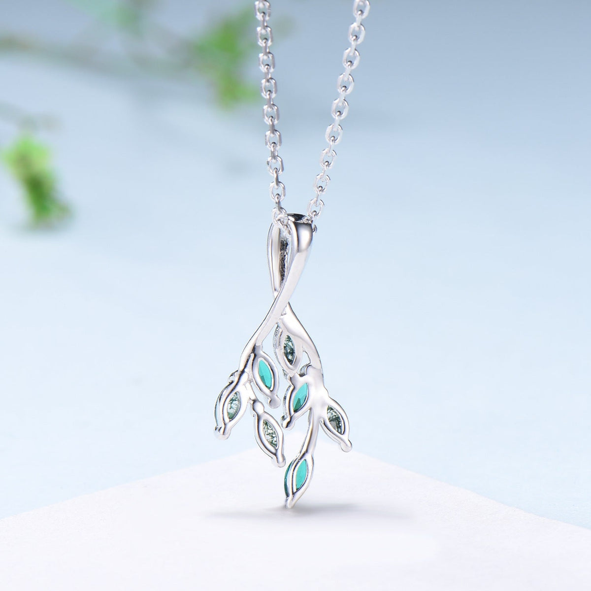 Vintage Moss Agate Necklace Unique Marquise Green Agate Leaf Style Pendant Dainty Branch Guard Emerald Pendant Unique Anniversary gift women