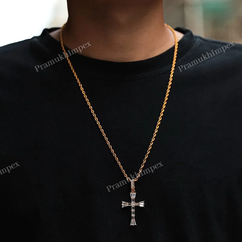Handmade Baguette Moissanite 925 Silver Yellow Gold Plated Cross Pendant