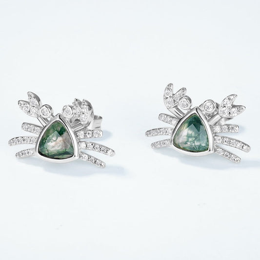 Ocean Series Trillion Moss Agate Crab Stud Earrings