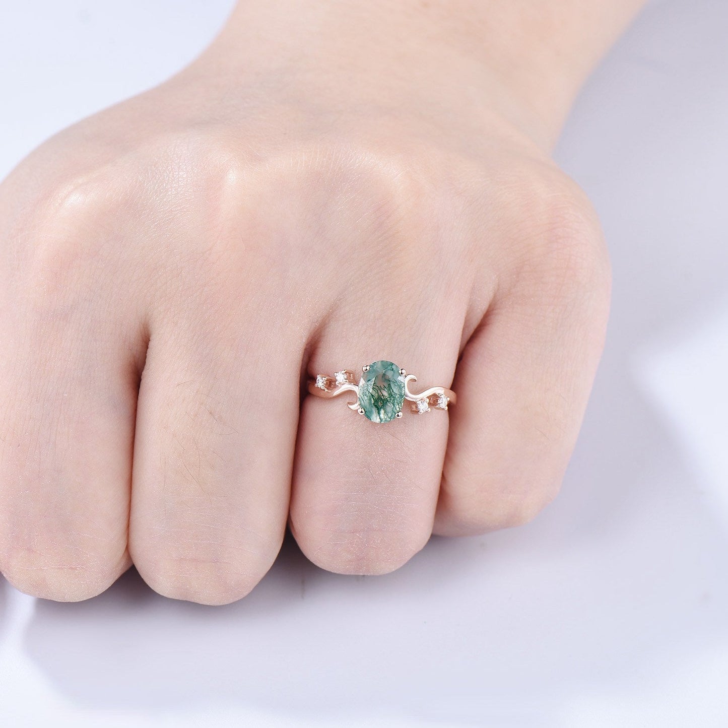 1.5CT Oval Natural Moss Agate Twist Engagement Ring Art Deco Silver Rose Gold Wedding Ring Garden Jewelry Mom's birthstone anniversary gift