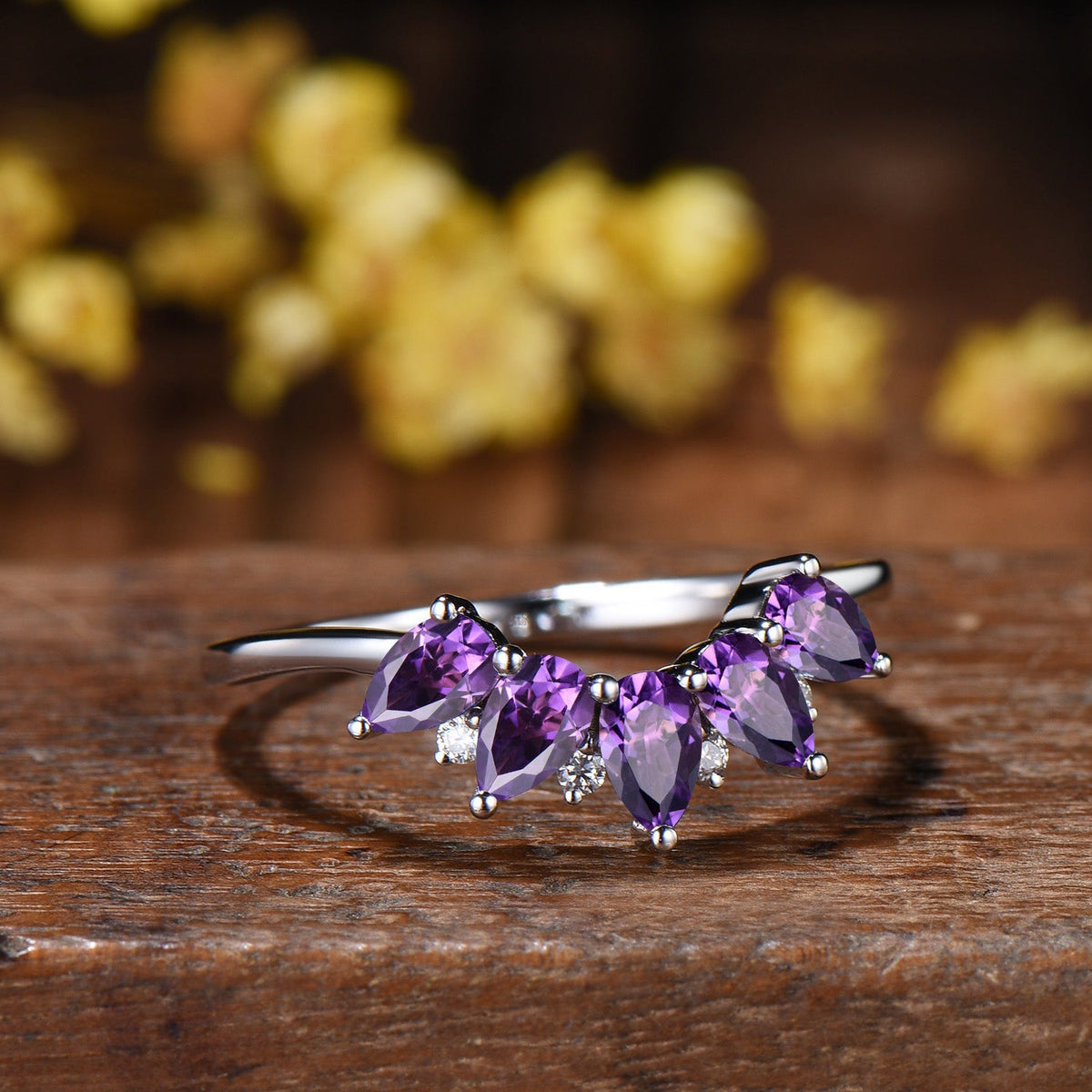 Vintage Amethyst Five Stone Curved Wedding Band, 14K Rose Gold Stacking Ring