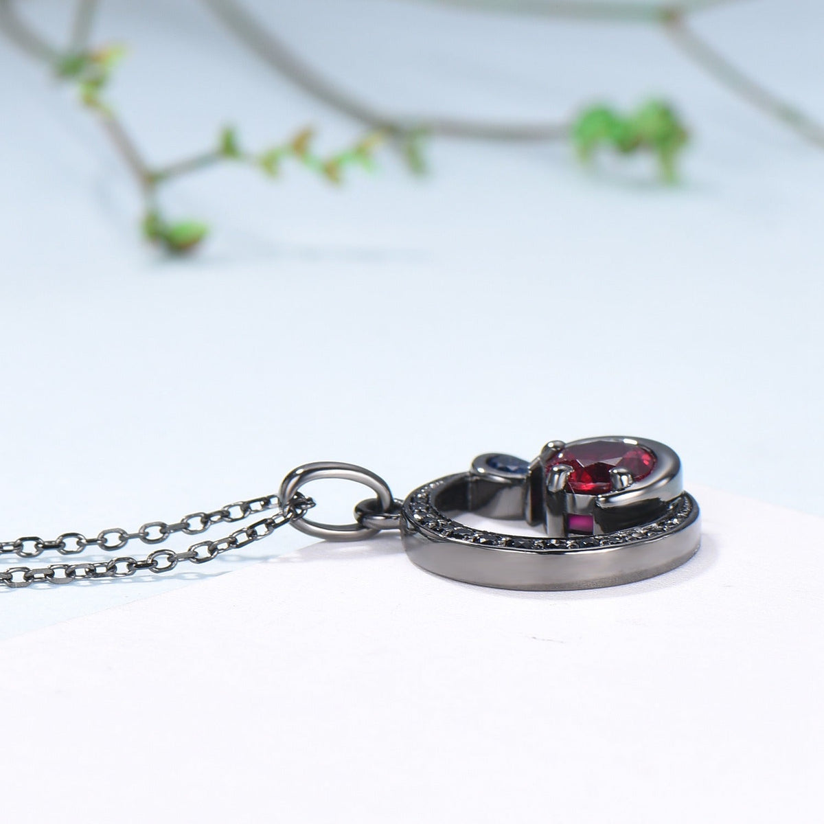 Unique Black Gold Ruby Necklace Magic Crescent Moon Ruby Sapphire Pendant Necklace Magic Crescent Moon Gothic Anniversary Gift for Daughter