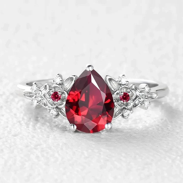 Scarlett’s Twig | Vintage Pear Red Ruby & Diamond Floral Bridal Set 2pcs