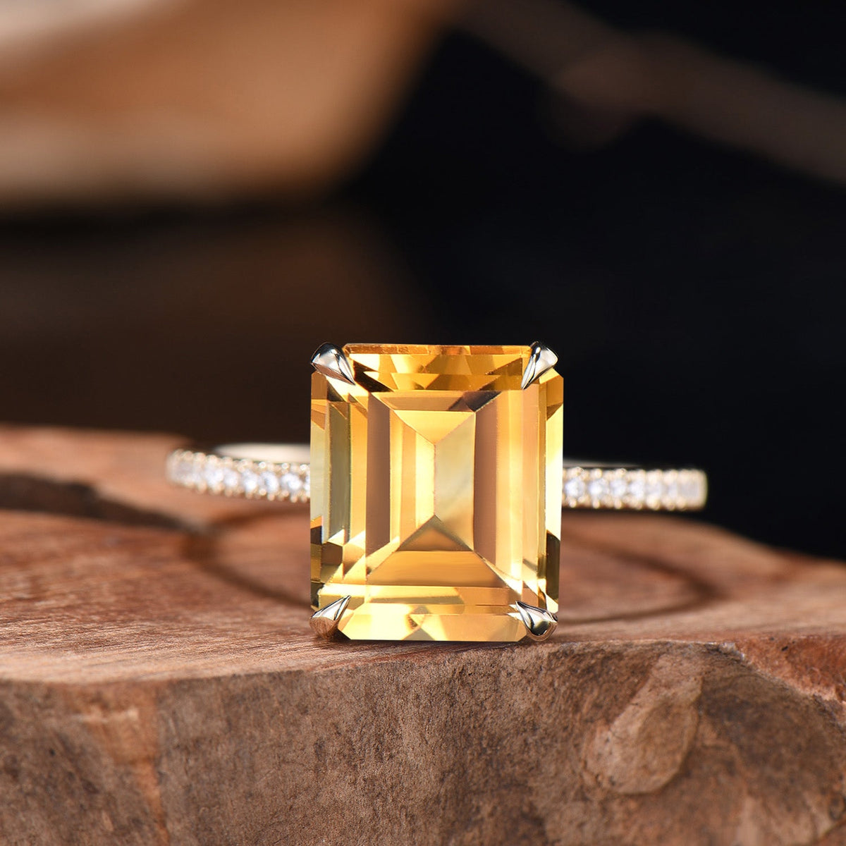 Emerald Cut Citrine Engagement Ring Set, Diamond Half Eternity Band, Rose Gold