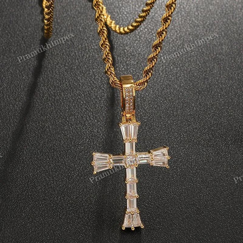 Handmade Baguette Moissanite 925 Silver Yellow Gold Plated Cross Pendant