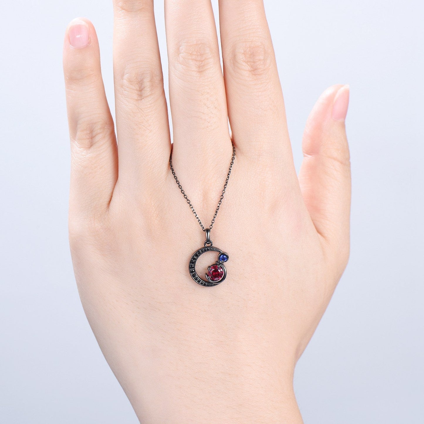 Unique Black Gold Ruby Necklace Magic Crescent Moon Ruby Sapphire Pendant Necklace Magic Crescent Moon Gothic Anniversary Gift for Daughter
