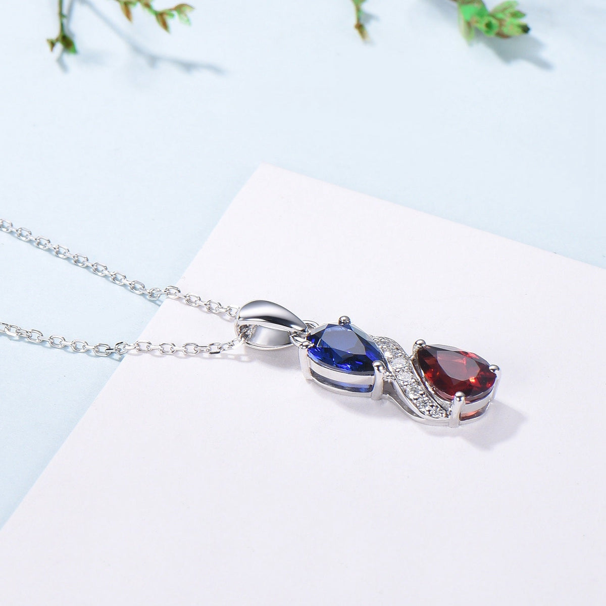 Sapphire Garnet Snake Pendant Necklace, Moissanite Diamond Accent, 14K White Gold