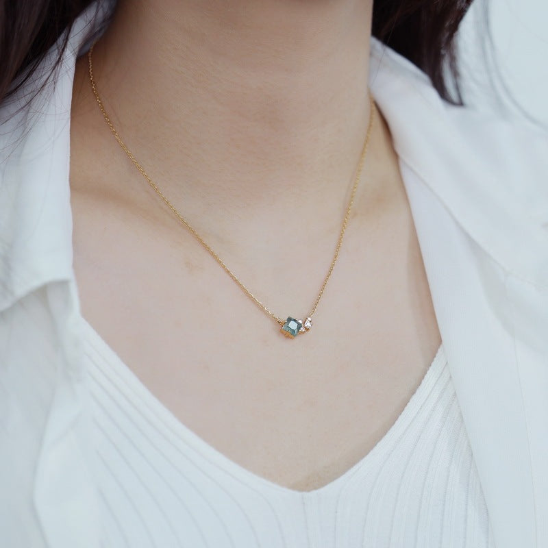 Princess-Cut Moss Agate Necklace - Dainty Geometric Cluster Jewelry for Her