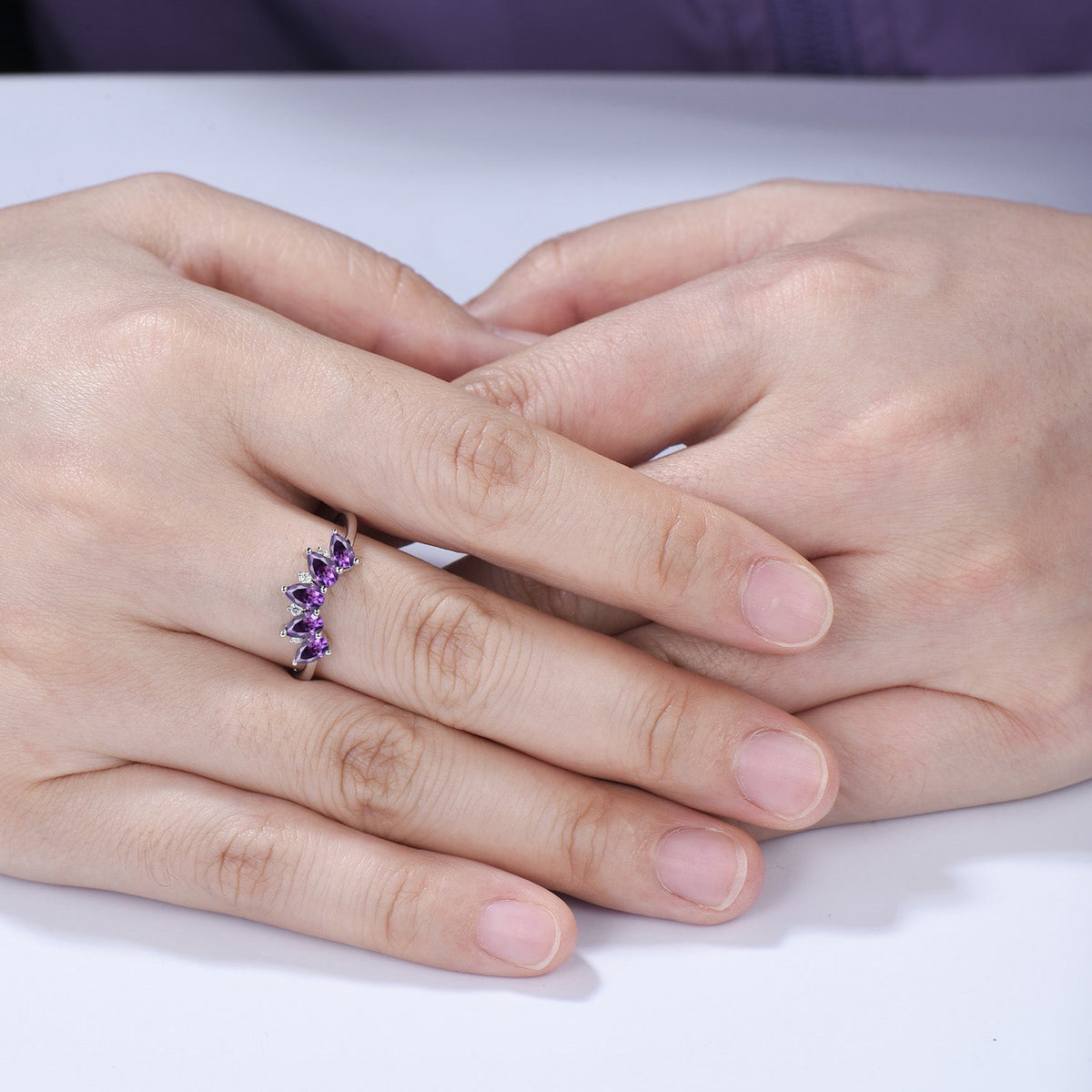 Vintage Amethyst Five Stone Curved Wedding Band, 14K Rose Gold Stacking Ring
