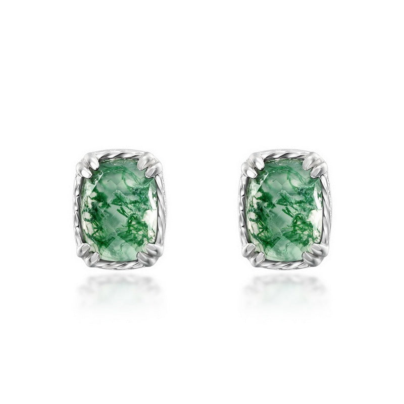 Vintage 5x7mm Cushion Cut Moss Agate Stud Rope Earrings