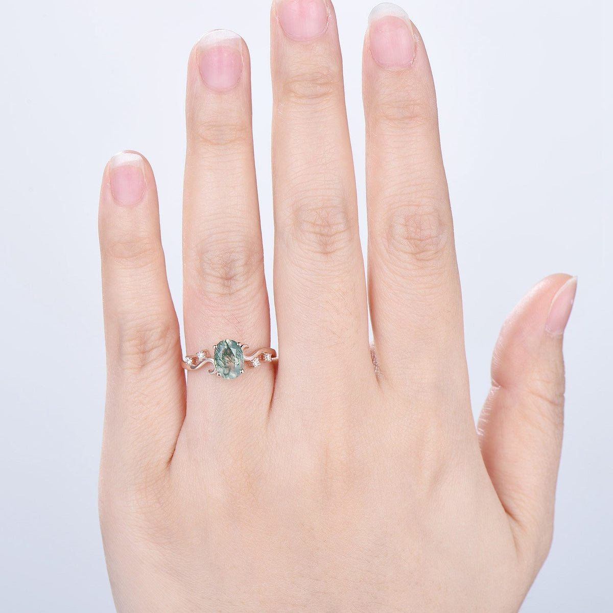 1.5CT Oval Natural Moss Agate Twist Engagement Ring Art Deco Silver Rose Gold Wedding Ring Garden Jewelry Mom's birthstone anniversary gift