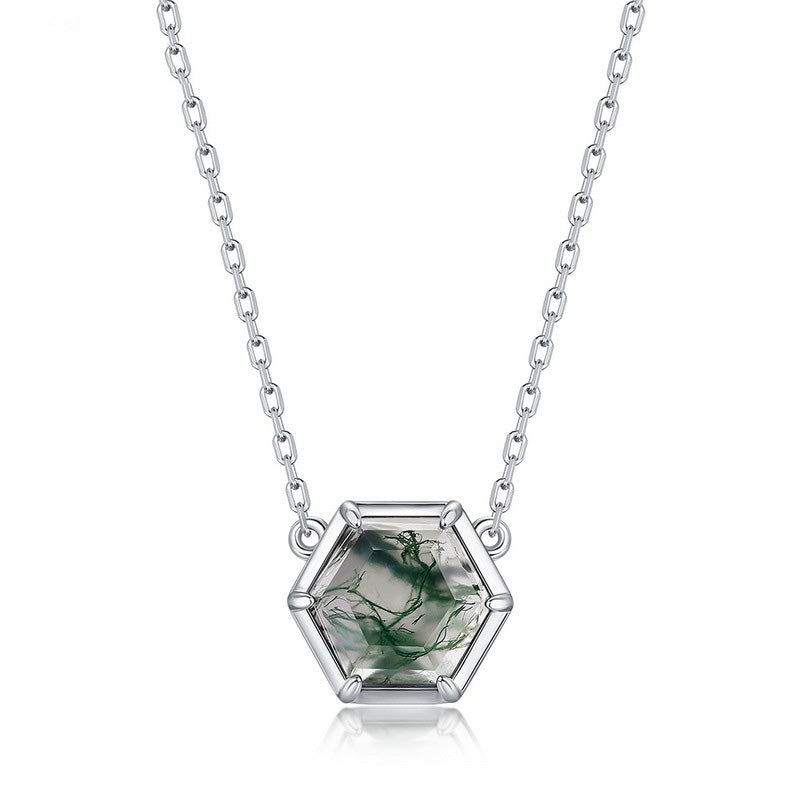 8mm Hexagon Cut Natural Bezel Moss Agate Necklace