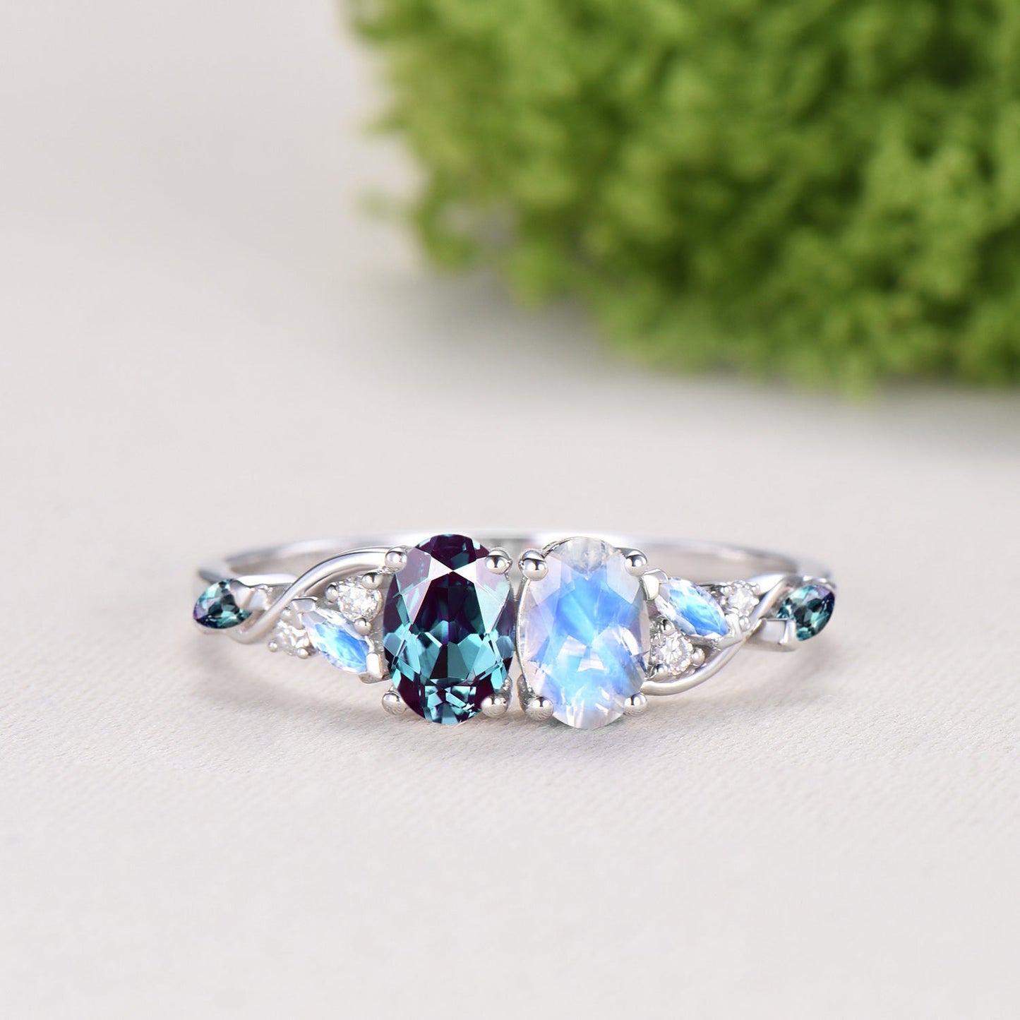 Toi et Moi Alexandrite Moonstone Engagement Ring | Unique Two Stone Vine Eternity Band