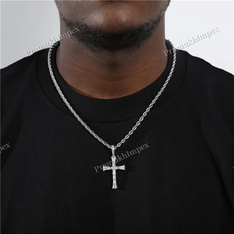 Handmade Baguette Moissanite 925 Silver Yellow Gold Plated Cross Pendant