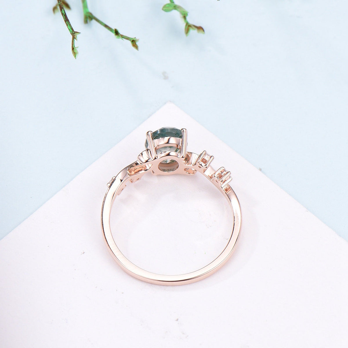 1.5CT Oval Natural Moss Agate Twist Engagement Ring Art Deco Silver Rose Gold Wedding Ring Garden Jewelry Mom's birthstone anniversary gift