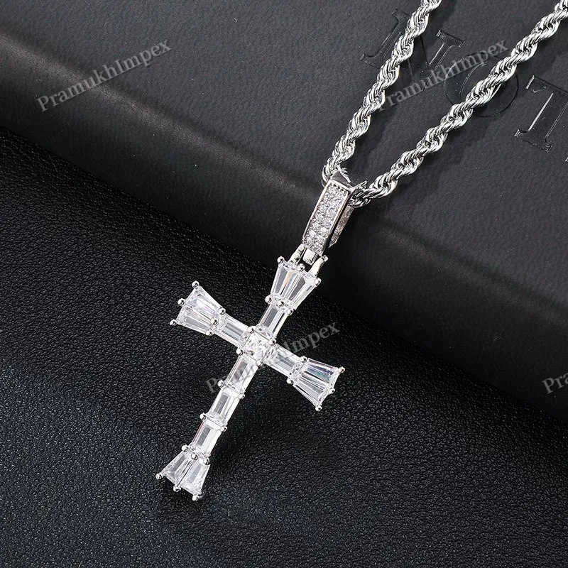 Handmade Baguette Moissanite 925 Silver Yellow Gold Plated Cross Pendant