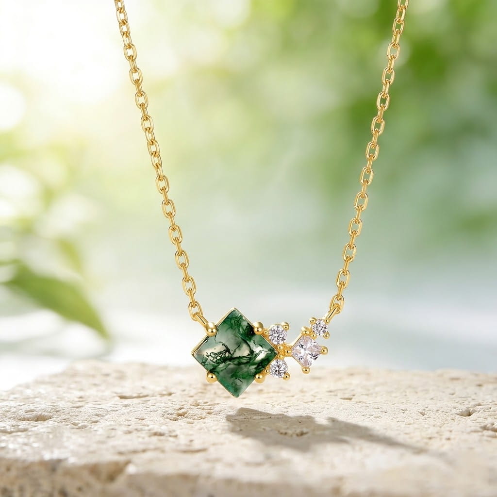 Princess-Cut Moss Agate Necklace - Dainty Geometric Cluster Jewelry for Her