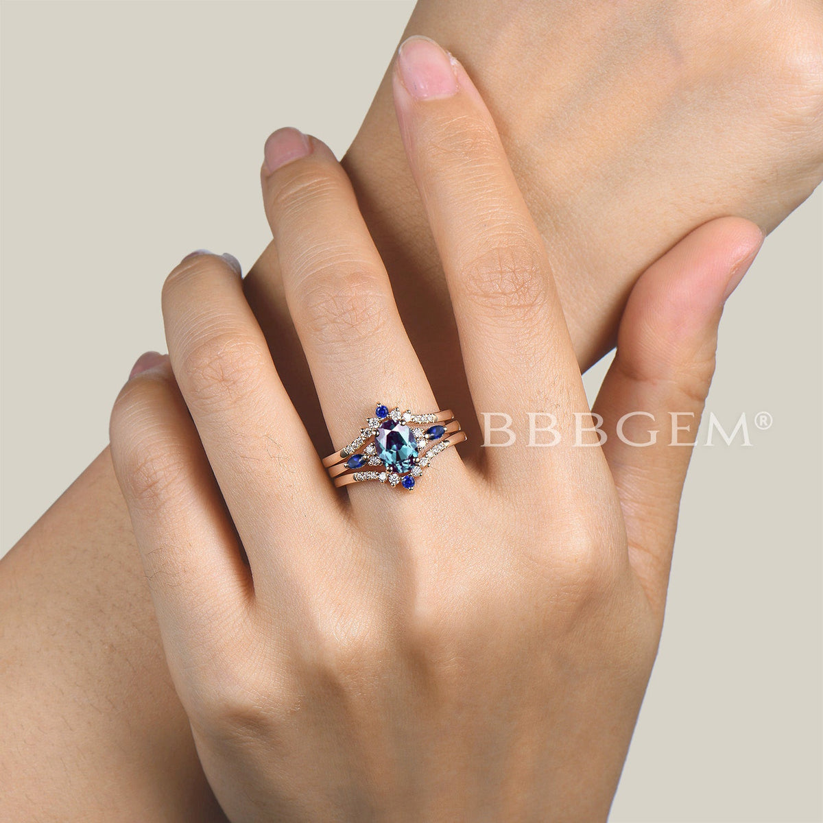 3pc Bridal Set 1.5CT Oval Cut Color-change Alexandrite Ring Diamond Curved Band