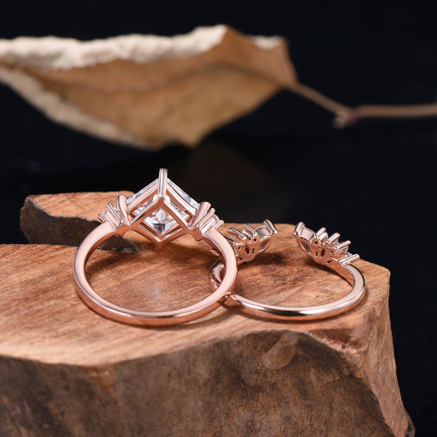 2CT Princess Shaped Moissanite Three Stone Engagement Ring Diamond Cluster Open Gaps Stacking Band Rose Gold Wedding Bridal Set Women Gifts