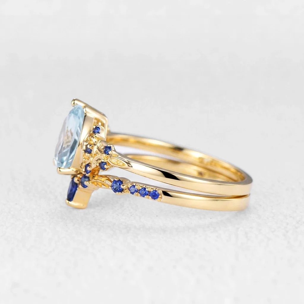Isolde’s Tide | Vintage Pear Aquamarine & Sapphire Floral Bridal Set 2pcs