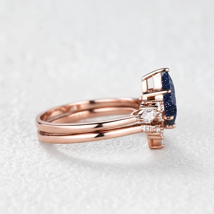 Stella’s Spark | Kite Cut Blue Sandstone & Marquise Moissanite Bridal Set 2pcs