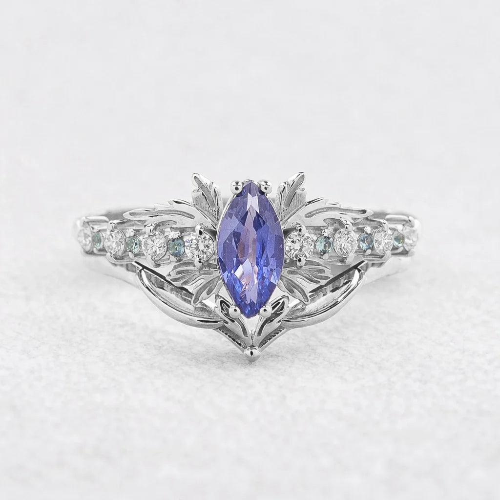 Aurora’s Fairy Wing | Marquise Natural Sapphire Vintage Bridal Set 2pcs