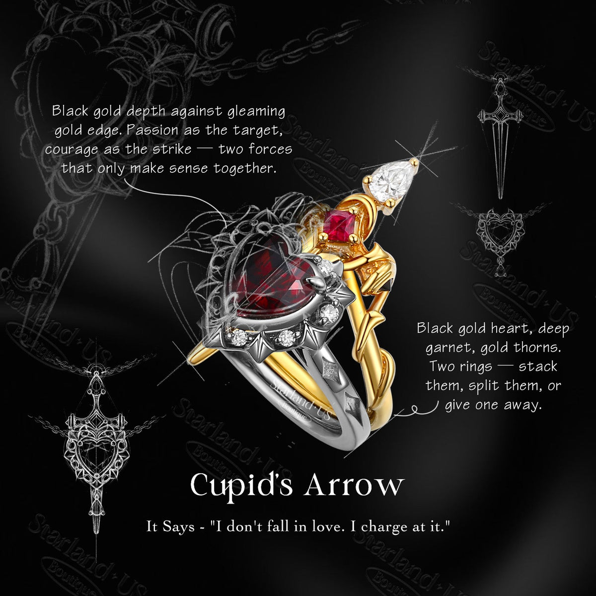 'Cupid's Arrow' - Fantasy Cut Garnet Heart Sword Two-Tone Ring Set