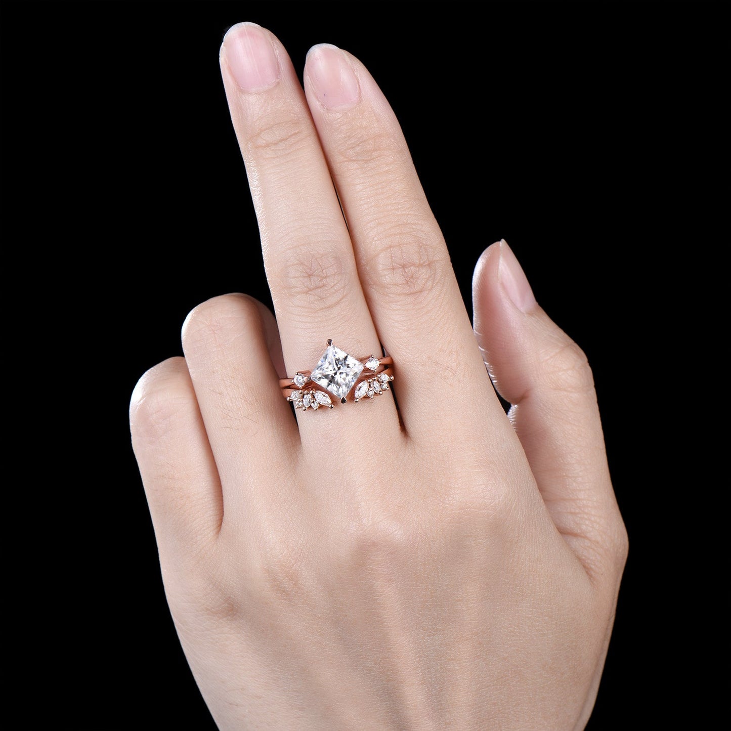 2CT Princess Shaped Moissanite Three Stone Engagement Ring Diamond Cluster Open Gaps Stacking Band Rose Gold Wedding Bridal Set Women Gifts